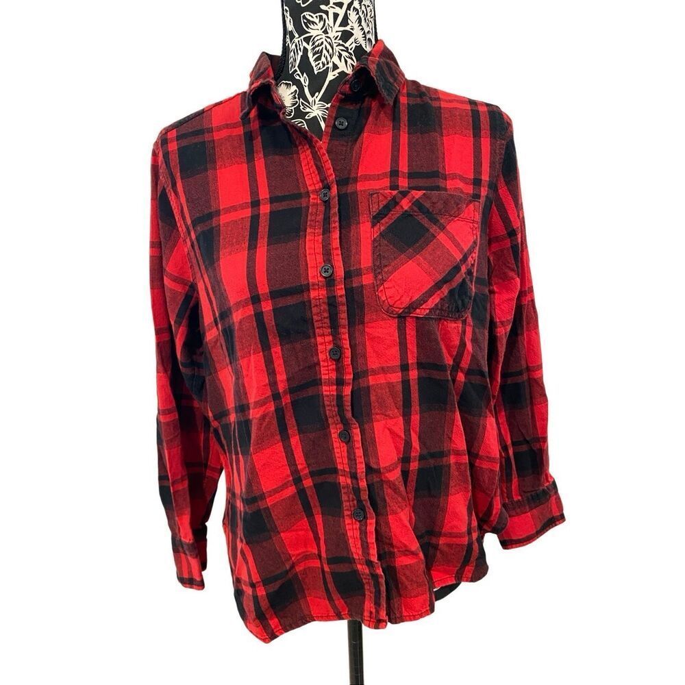 Time And Tru Red Black Plaid Flannel Button Front Shirt Medium Buffalo Check Top